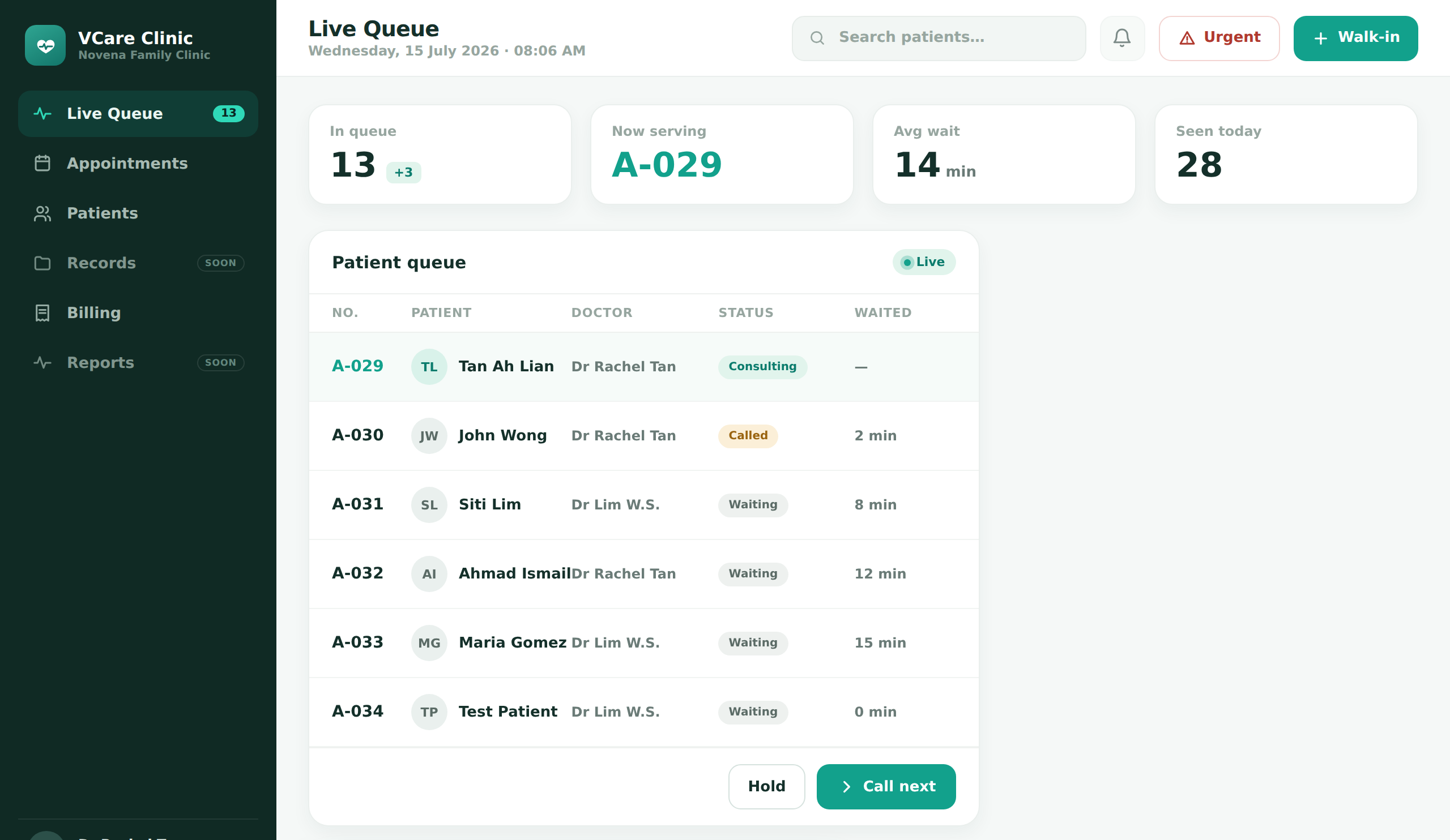 VCare clinic dashboard: live queue board with waiting, called and consulting patients